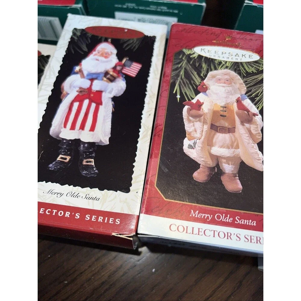 Hallmark Christmas Ornaments MERRY OLDE SANTA Complete 1-10 Set Box WITH STAND!